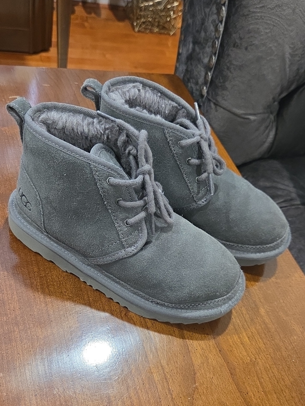 UGG Kids Gray Suede Lace-Up Ankle Boots with Plush Shearling